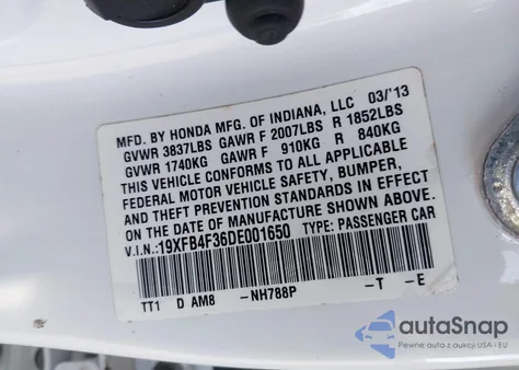 2013 Honda Civic Hybrid L from USA, damaged, VIN 19XFB4F36DE001650